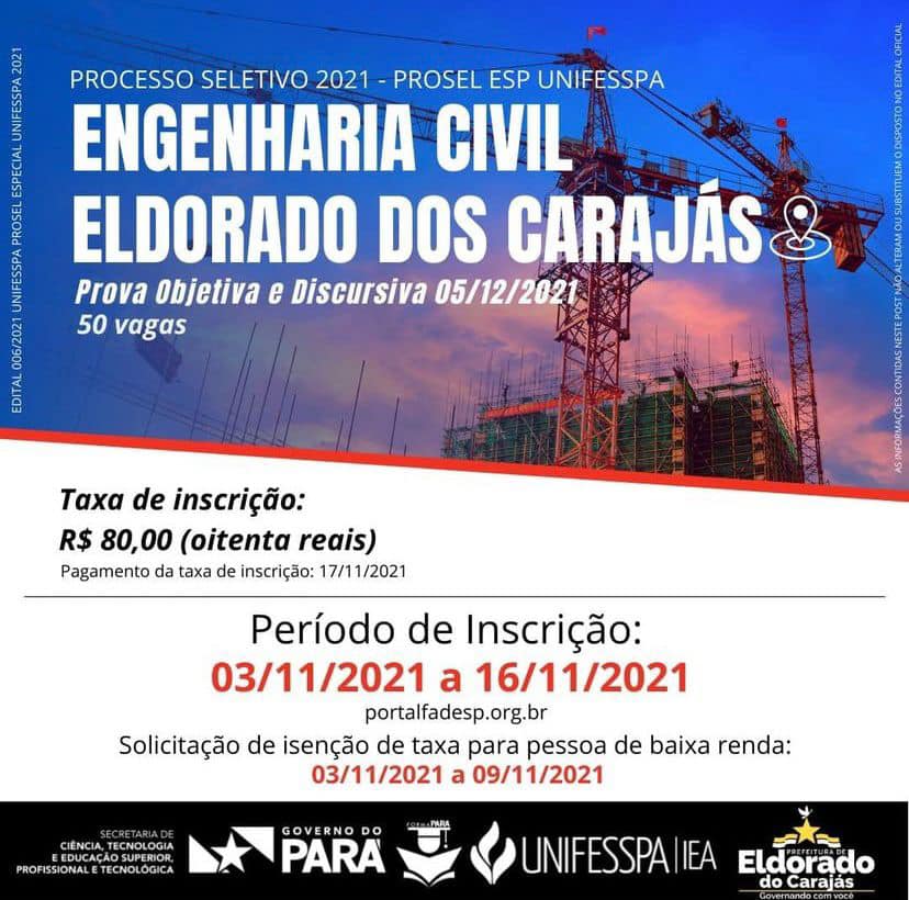 Eldorado Carajás:  Aberta as inscrições para o curso de Engenharia Civil Eldorado do Carajás