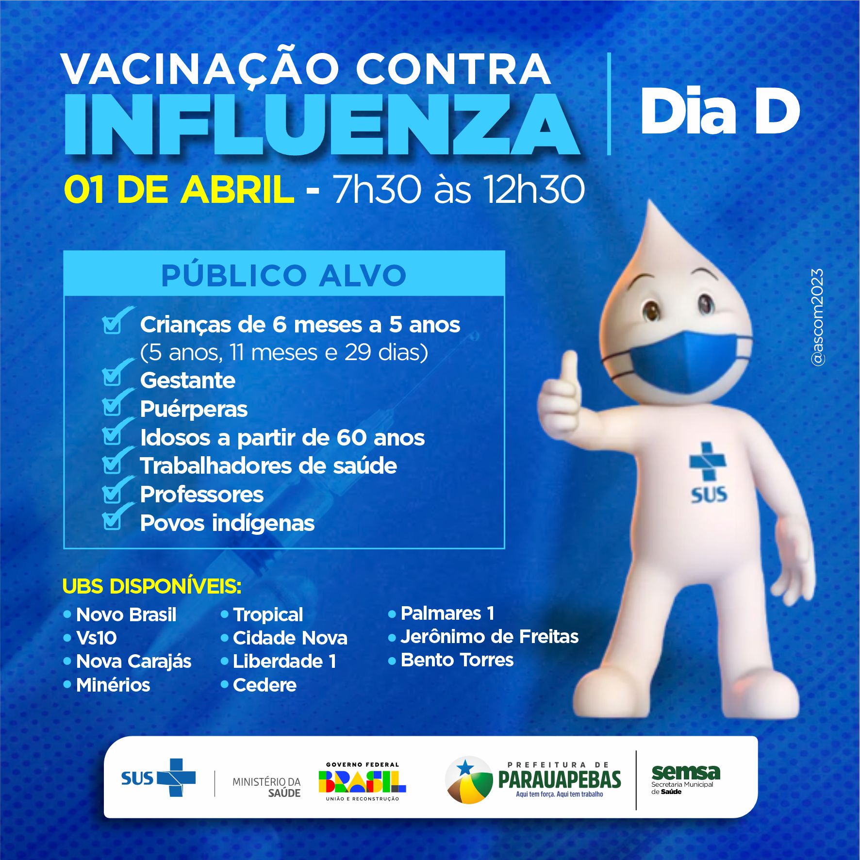 Parauapebas: Dia D de Vacinação contra influenza será realizada neste sábado, 1º de abril.