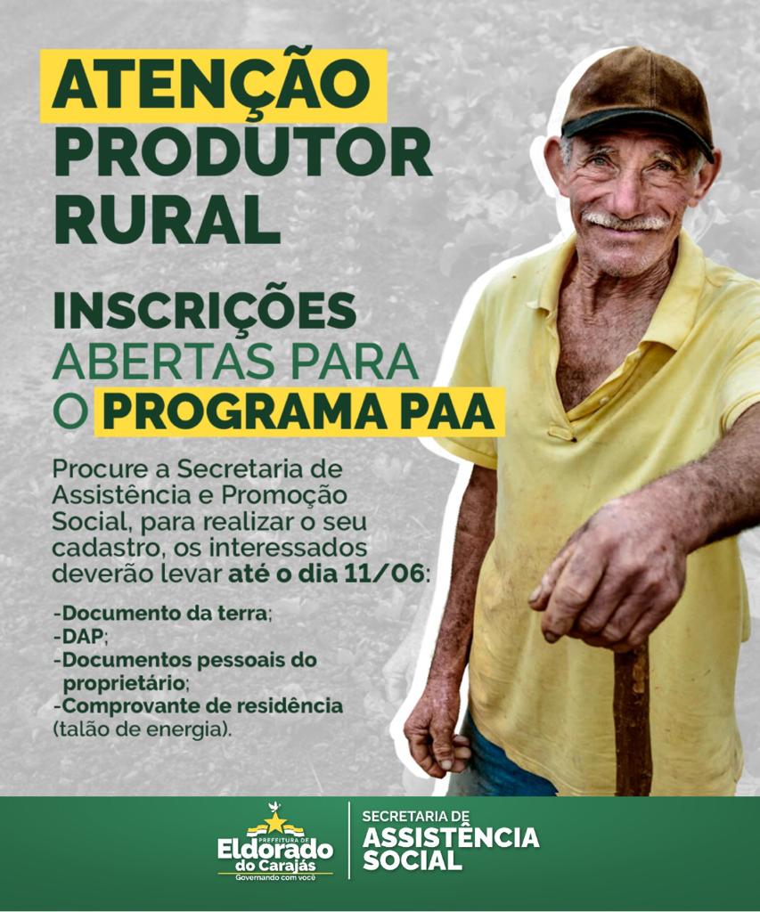 Inscrições abertas até dia11 para o programa PAA Eldorado do Carajás