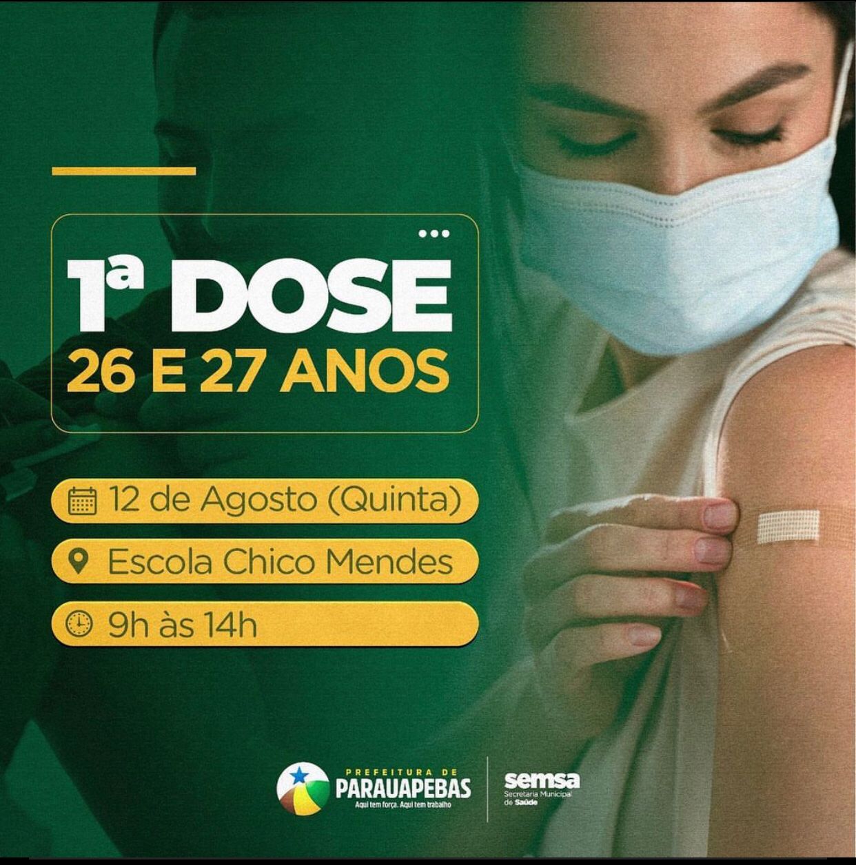 Parauapebas: Vacinação 1° dose da vacina contra Covi-19 para jovens de 26 e 27 anos