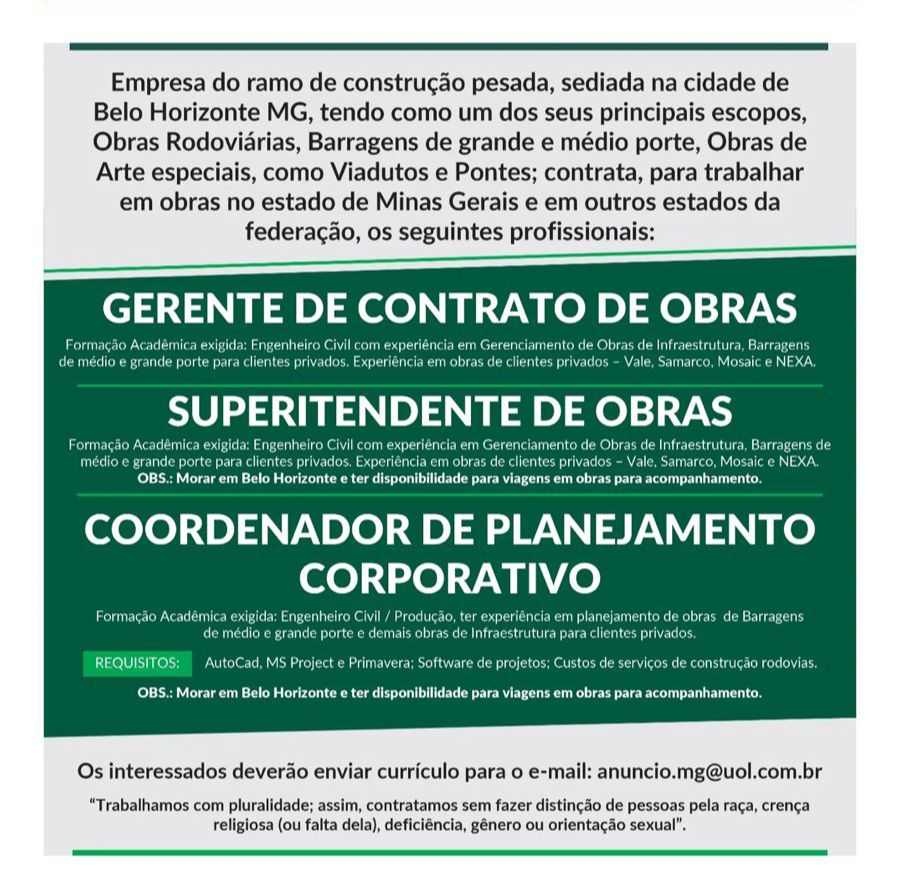 Vagas de emprego no ramo da construção