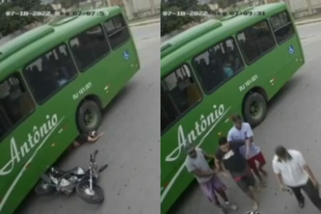 motociclista é salvo por capacete após acidente onde cai embaixo de roda de ônibus