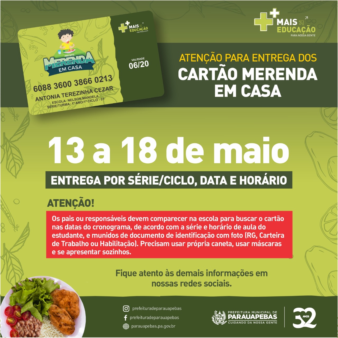 Cartões Merenda em Casa serão entregues a partir desta quarta-feira, 13