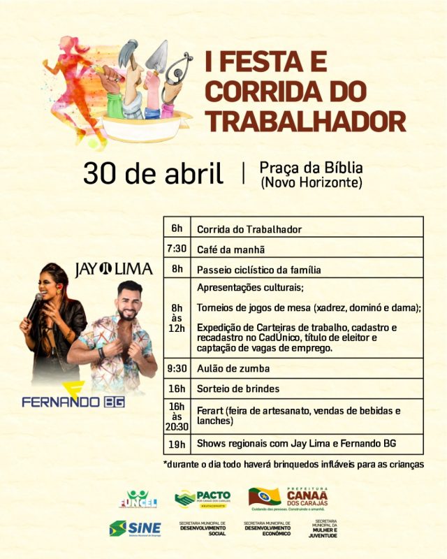 Dia 30; Canaã realiza I Festa e Corrida do Trabalhador de Canaã dos Carajás