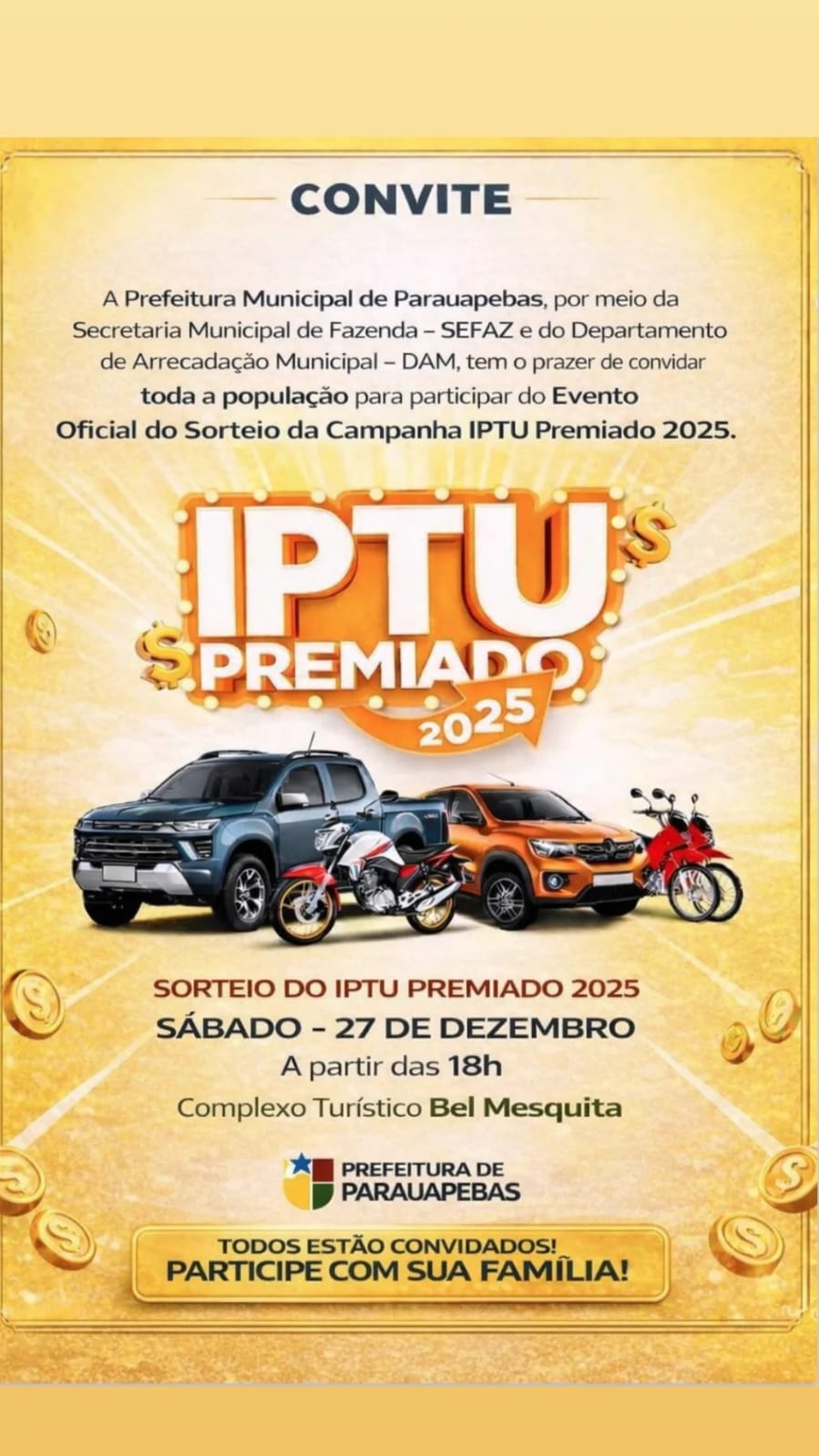 Parauapebas: Sorteio do IPTU Premiado 2025 acontece neste sábado, 27