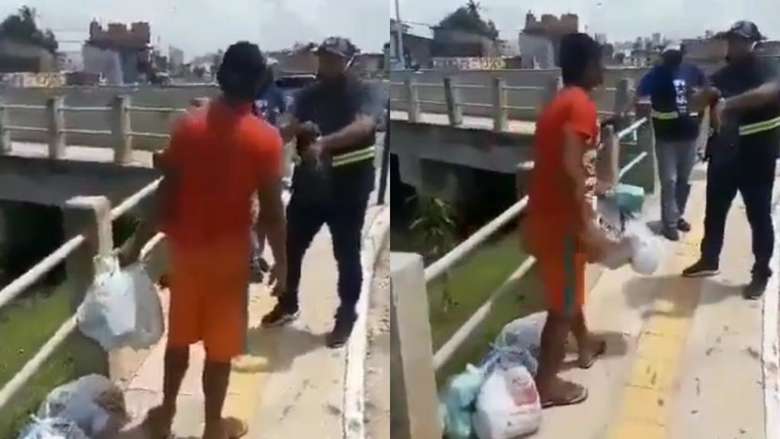 Homem é obrigado a recolher sacolas de lixo após jogá-las no canal